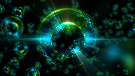 Abstract neon background. Shine swirling. Glowing spiral cover. Bubbles elegant. Halo around. Power...