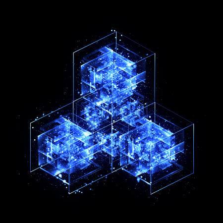 3d abstract modern technology. Box scheme. Neural network. Glass blocks. Web construction. Industrial cube objects. Hardware quantum form. Smart build. Intersect composition. Grid core. Glow techの写真素材