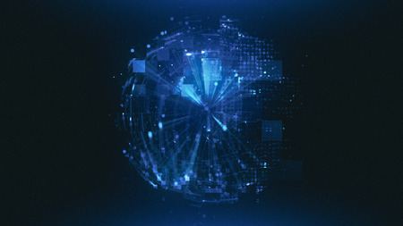 Abstract background. Elegant glowing circle. Light ring. Atoms and electrons. Sparking particle....