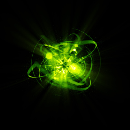 3D Atom icon. Luminous nuclear model on dark background. Glowing energy balls. Molecule structure....