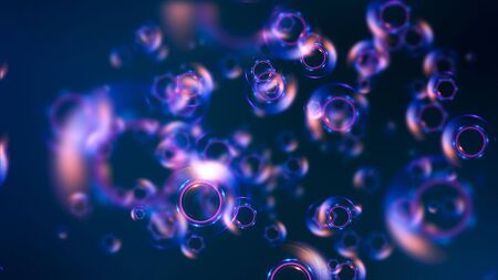 Abstract colorful defocused cells. Abstract microscopic forms on a dark background. Scientific illustration. Luminousの写真素材