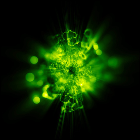 3D Atom icon. Luminous nuclear model on dark background. Glowing energy balls. Molecule structure. Trace atoms and electrons..Physics concept. Microscopic forms. Nuclear reaction element. Supernovaの写真素材