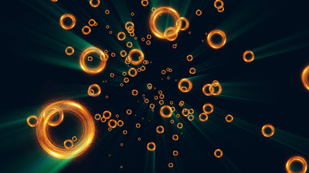 3D Atoms. Luminous nuclear electrons model on dark background. Glowing bots structure. Physics ...