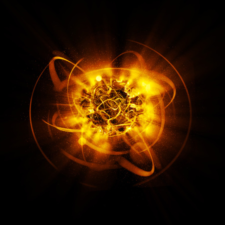 3D Atom icon. Luminous nuclear model on dark background. Glowing energy balls. Molecule structure....