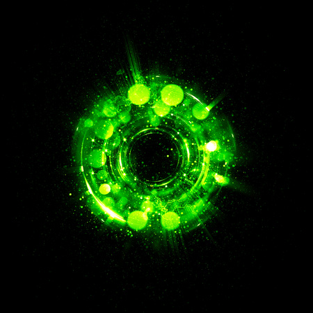 3D Atom icon. Luminous nuclear model on dark background. Glowing energy balls. Molecule structure. Trace atoms and electrons..Physics concept. Microscopic forms. Nuclear reaction element. Supernovaの写真素材