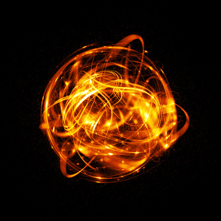 3D Atom icon. Luminous nuclear model on dark background. Glowing energy balls. Molecule structure. Trace atoms and electrons..Physics concept. Microscopic forms. Nuclear reaction element. Supernovaの写真素材