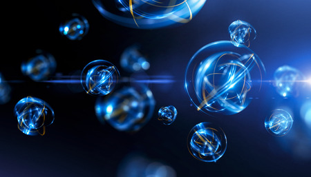 Abstract colorful defocused cells. Luminous microscopic forms. Scientific illustration. Nuclear model on dark background. Glowing energy balls. Image of color atoms and electrons. Physics conceptの写真素材