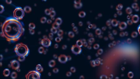 3D Atoms. Luminous nuclear electrons model on dark background. Glowing bots structure. Physics ...