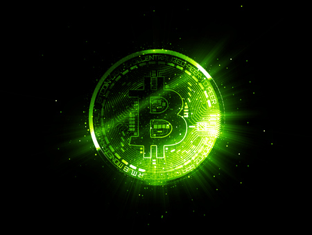 Bitcoin with glowing lights. Green bitcoin symbol. Coins on black background.の写真素材
