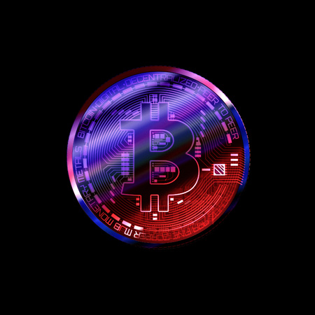 Bitcoin with glowing lights. Colorfull bitcoin symbol. Coins on black background.の写真素材