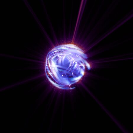 3D Atom icon. Luminous nuclear model on dark background. Glowing energy balls. Molecule structure....