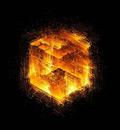 Abstract dark background. Bright box. Shine square. 
Light geometry. Smart code. Energy effect. Big data. 
Digital chip. Glare grid lines. Glow cubes. CPU core. 
Hi Tech. Mobile innovation. SSD Board の写真素材