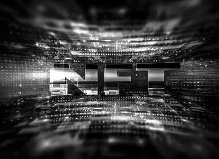 Crypto currency. Abstract effect. Future tech. NFT non-fungible token. Digital cryptoart. Shine grid. Neon flare. Quantum computer. Magic code. Grid HUD lines. Web device. 3d rendering. QR codeの写真素材