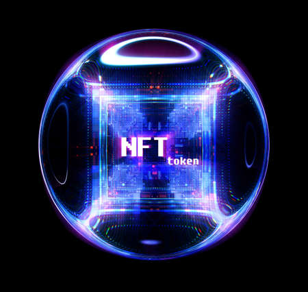 Crypto currency. Abstract effect. Future tech. NFT non-fungible token. Digital cryptoart. Shine grid. Neon flare. Quantum computer. Magic code. Grid HUD lines. Web device. 3d rendering. QR codeの写真素材