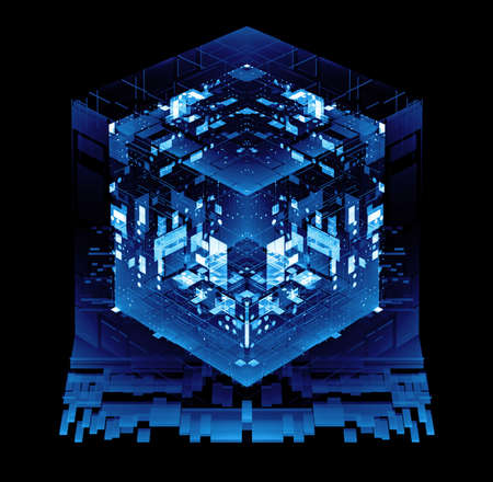 Abstract dark background. Bright box. Shine square. Light geometry. Smart code. Energy effect. Big...