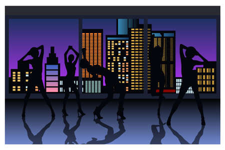dancing girls on the background of the night cityのイラスト素材