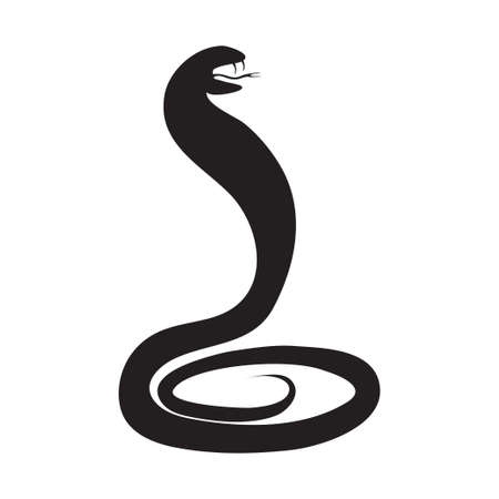 Black silhouette of a snake, a cobra in a threatening stand with open mouth, where visible fangs and forked tongue.のイラスト素材