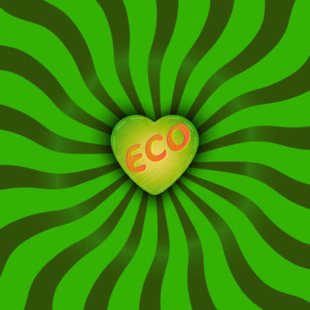 The sun's rays in a retro style with a heart in the center of the composition. Figure in the green, in ecological style. The inscription on the ECO heart.のイラスト素材
