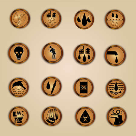 The icons in the style of steampunk about waste water, pollution, disease, the purification of polluted water and its use for the benefit of the economyのイラスト素材