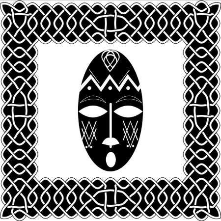 Silhouette black-white mask shaman Native American, Australian Aboriginal or African tribes in the frame boundary in the form of an ancient traditional pattern, ornamentのイラスト素材