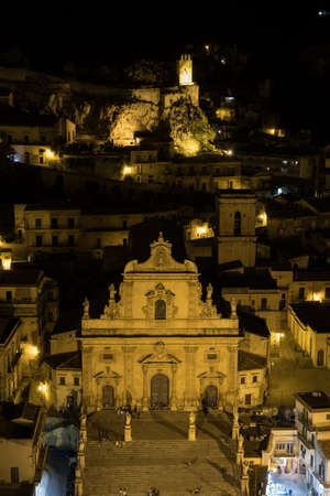 A night panorama of Modica, Sicily, with the cathedralの写真素材