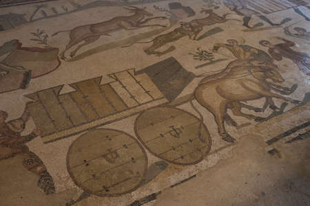 A mosaic of Villa del Casale, in Piazza armerina, Sicily, an ancient roman villaの写真素材