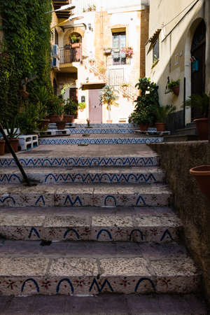 A stairway in the city center of Agrigento, Sicily, in a sunny dayの写真素材