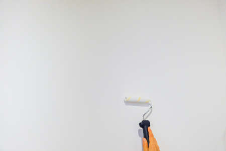 A female hand is whitewashing a wall with a rollerの写真素材