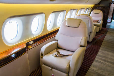 Luxury interior of genuine leather in the modern business jetの写真素材