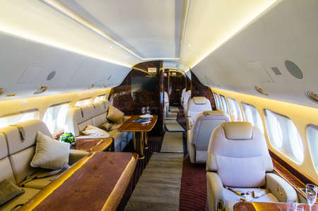 Luxury interior of genuine leather in the modern business jetの写真素材