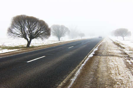 Road in the winter passing by trees. A fogの写真素材