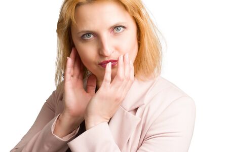 plus size caucasian business woman. isolated in white. hands touch the face. The portrait isolated...