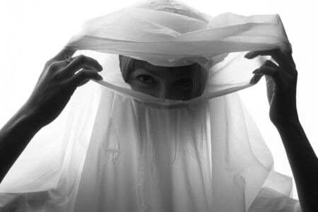 black and white Close up portrait of a young girl, in bright colors, high keyの写真素材