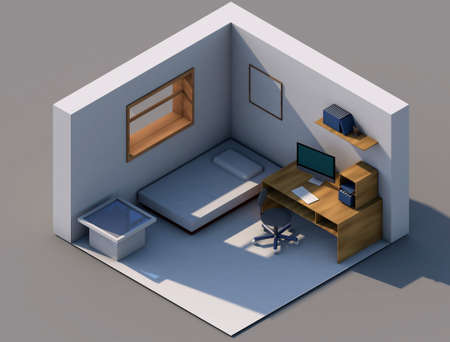 3D Render isometry of a living room with a table, computer, chair, and pedestalの写真素材