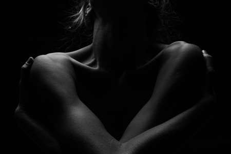 Naked Woman Sexy Silhouette, Sensual Girl Pose, Nude Body Dark artistic Black and Whiteの写真素材