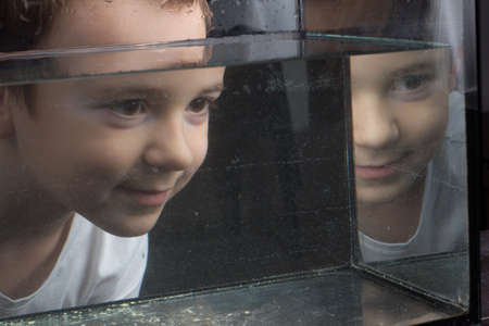 a young boy in a white T-shirt, looking through the water