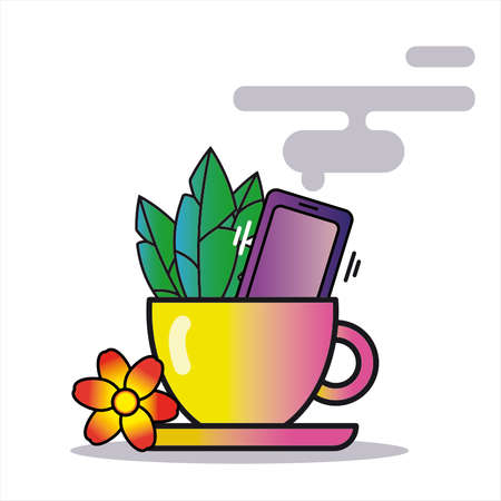 Vector drawing of a multicolored bowl with flowers and a mobile phoneのイラスト素材