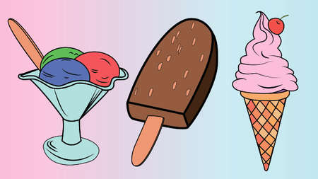Watercolor sweets and ice cream. Candy cone and chocolate ice cream. Frozen dessert. Blue lollipop....