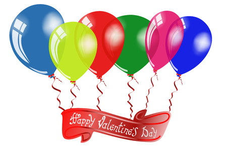 Happy Valentine's day. Hand Drawing Vector Lettering design. Air Balloons with inscription on the red ribbon. Illustrate a white background isolated. Concept for congratulations card.のイラスト素材