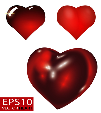 Set of Realistic 3D Valentine hearts vector. Red convex glass heart isolated on white background.のイラスト素材