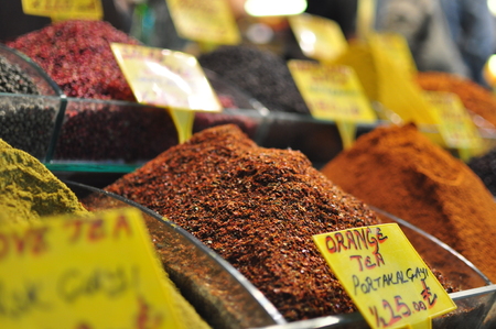 Various colorful teas on display at Istanbul's Spice Bazaar.