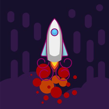 Space rocket flying up line icon on dark background.のイラスト素材