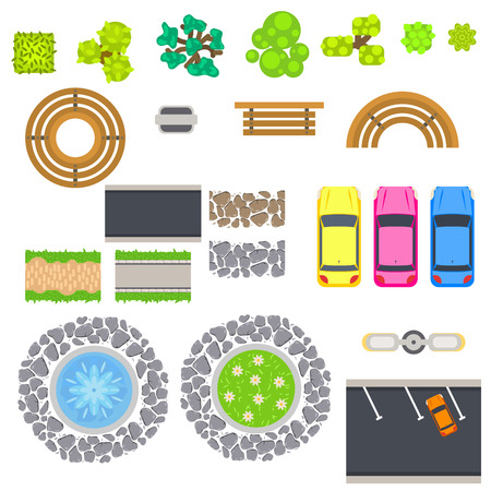 Top view landscape vector isolated objects. Park benches, trees, bush, car, fountain and lantern. City infrastructure. Urban recreation area.のイラスト素材