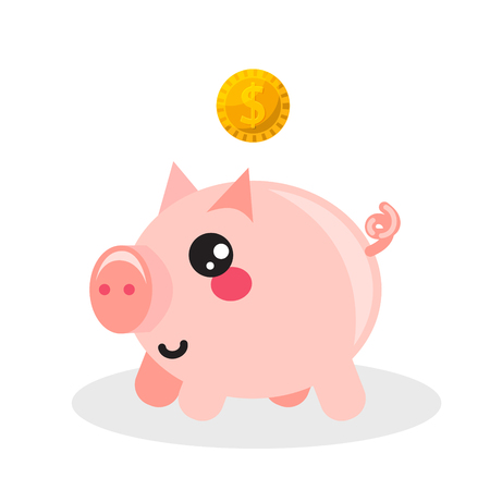 Pig money box cartoon vector icon with golden coin on top.のイラスト素材