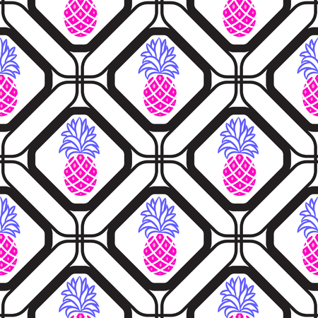 Pineapples in rhombuses geometric seamless tile pattern.のイラスト素材
