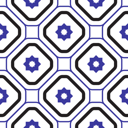 Geometric mediterranean blue and white rhombus seamless tile pattern. Abstract shapes vector texture for ceramic design, textile and wallpaper.のイラスト素材
