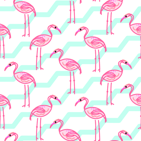 Pink flamingo on chevron blue and white pattern. Fabric summer exotic bird seamless surface print.のイラスト素材