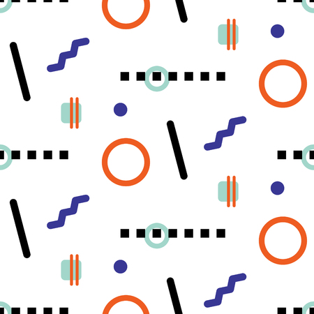 Memphis geometric shapes hipster seamless vector pattern. Blue and orange simple shapes background for website wallpaper and fabric print.のイラスト素材