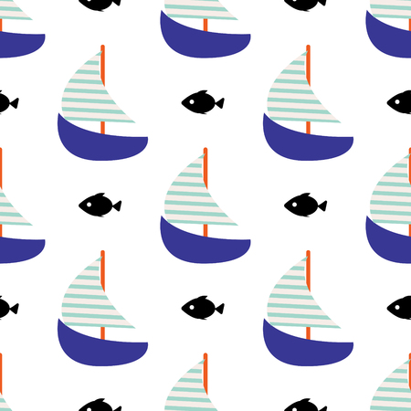 Sailboat and fish seamless child vector pattern in blue colors. Boat marine cute kid textile fabric surface background.のイラスト素材