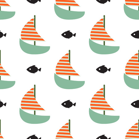 Sailboat and fish seamless child vector funny pattern in blue and orange colors. Boat with fish marine cute kid textile fabric surface background.のイラスト素材